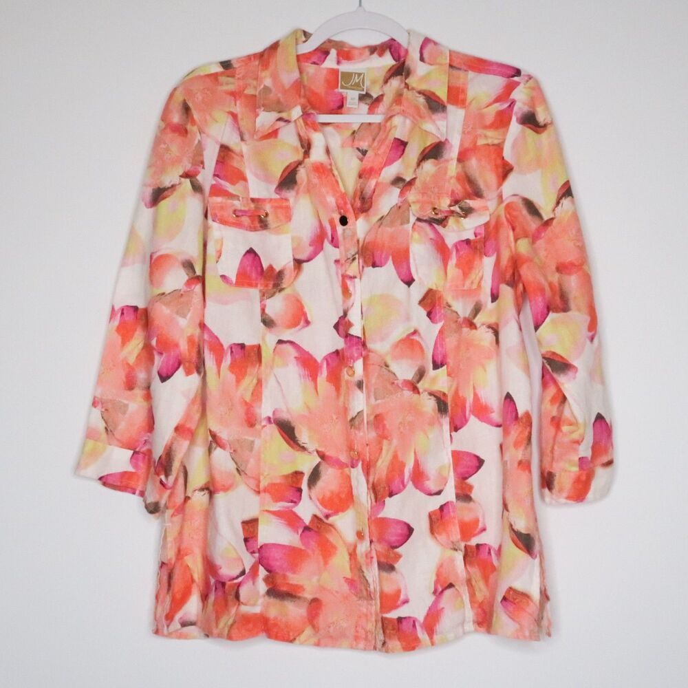 JM Collection Womens Linen Button Up Shirt Size 16 Petite Pink Floral Watercolor